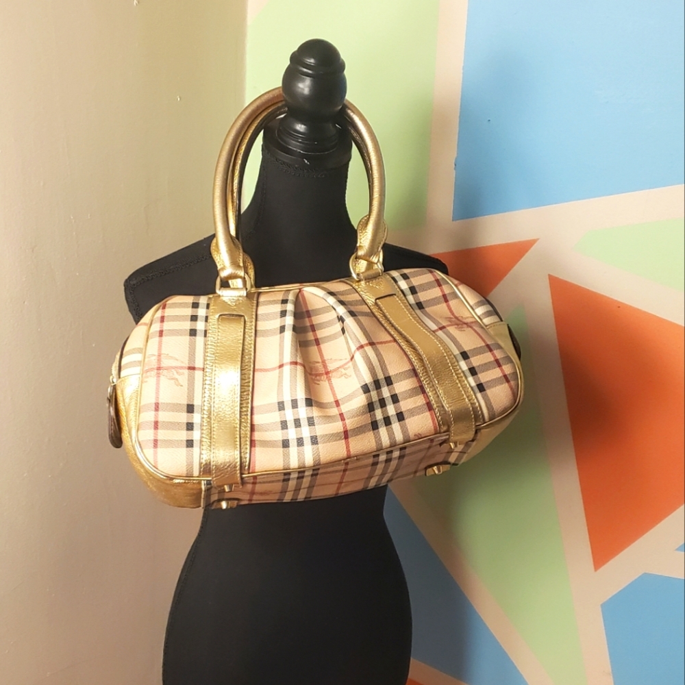 BURBERRY Plaid and Gold Metallic Handbag